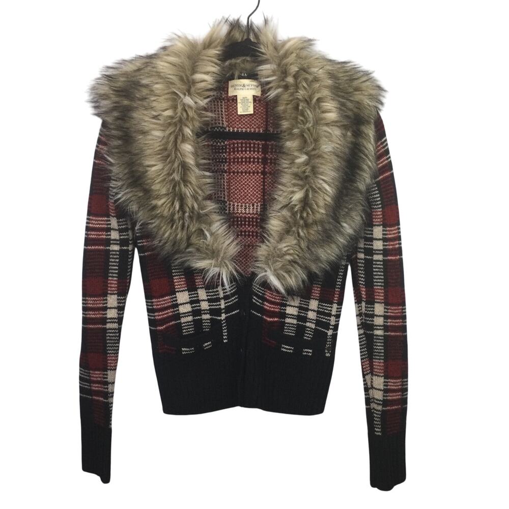 Denim & Supply Ralph Lauren Faux Fur Button Down Wool Blend Plaid Cardigan XS